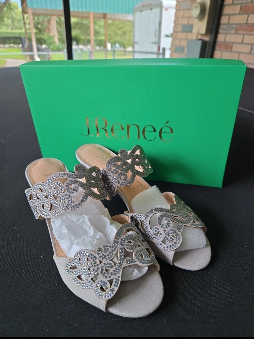 J.Renee Cream Jeweled Slide Mules 8.5 NIB